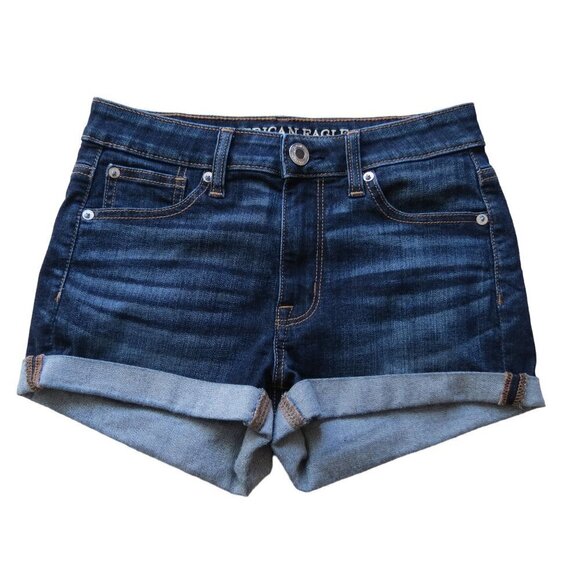 AMERICAN EAGLE Women's Dark Wash Super Stretch Cuffed Hi-Rise Shortie Shorts 2 - Picture 1 of 8